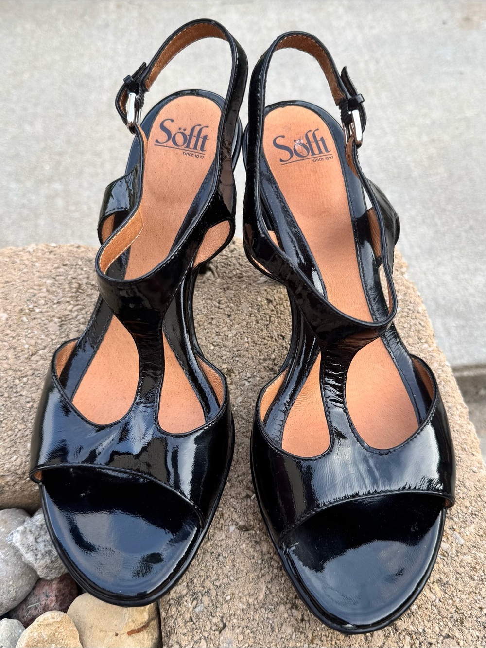 Söfft Black Patent Leather Slingback Platform Heels Sandals